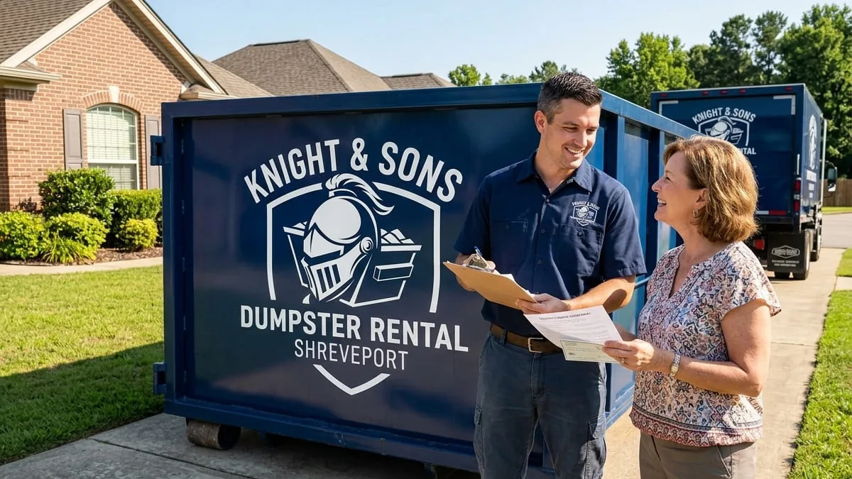 Knight & Sons Dumpster Rental Shreveport roll-off truck delivering in Shreveport, LA Knight & Sons Dumpster Rental Shreveport roll-off truck delivering in Shreveport, LA