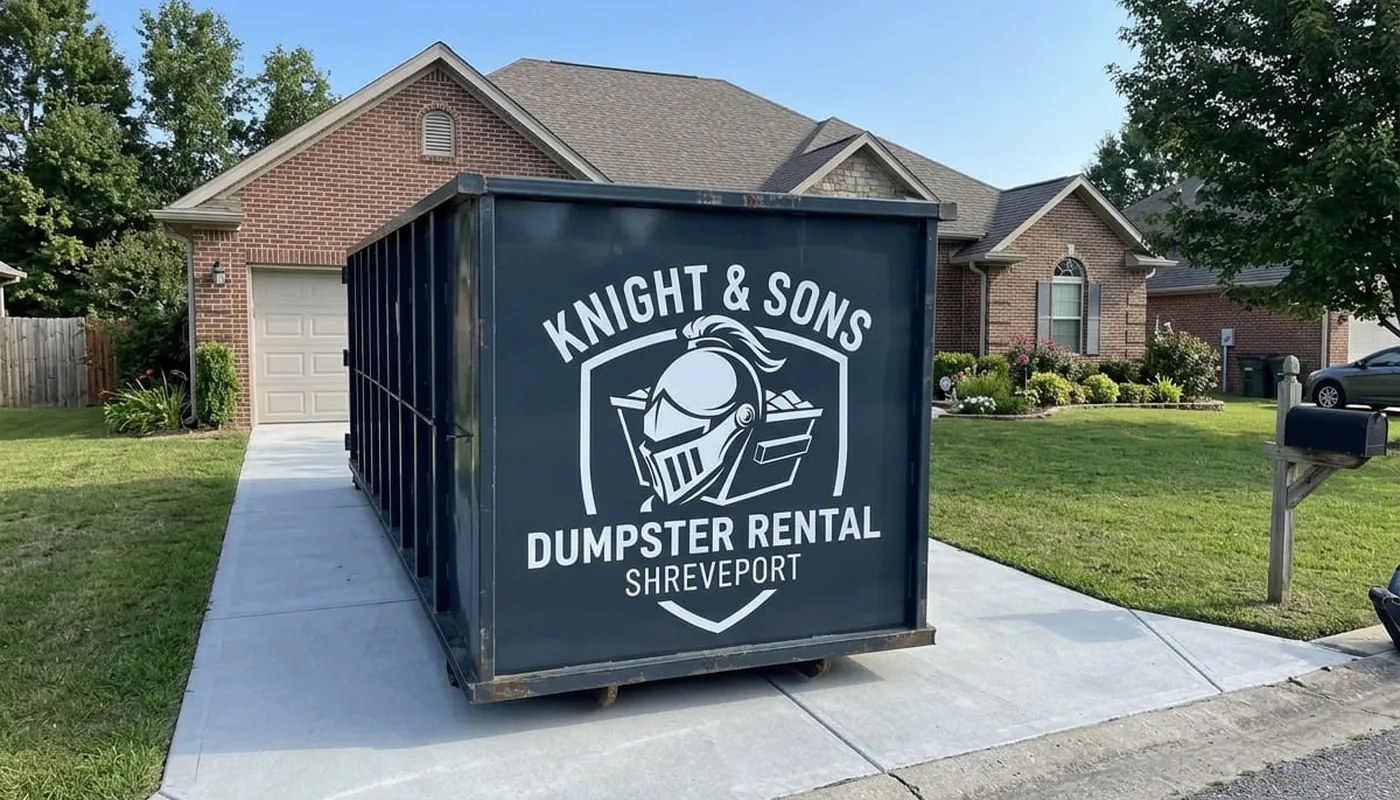 Dumpster rental in Shreveport, LA Knight & Sons Dumpster Rental roll-off dumpster being delivered to a Shreveport, Louisiana driveway